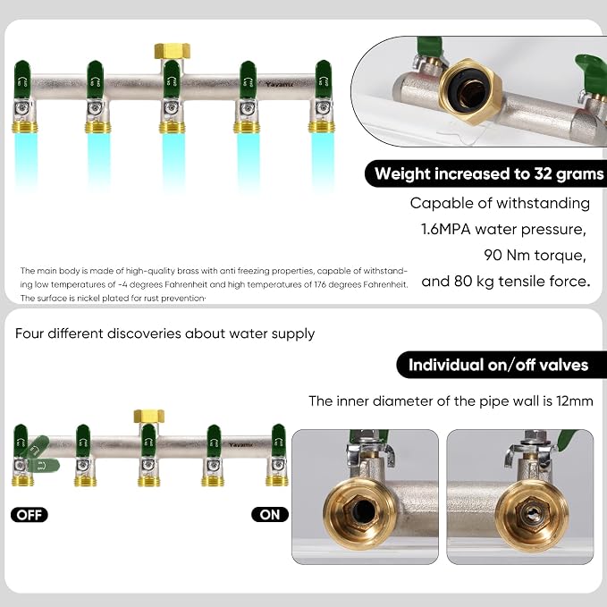 5 Way Garden Hose Splitter, Heavy Duty Brass Nickel Plated Rust Resistant Faucet Manifold, 3/4" Frost Resistant Outdoor Hose Adapter Connector，Hose Spigot Adapter with 5 large Green handles