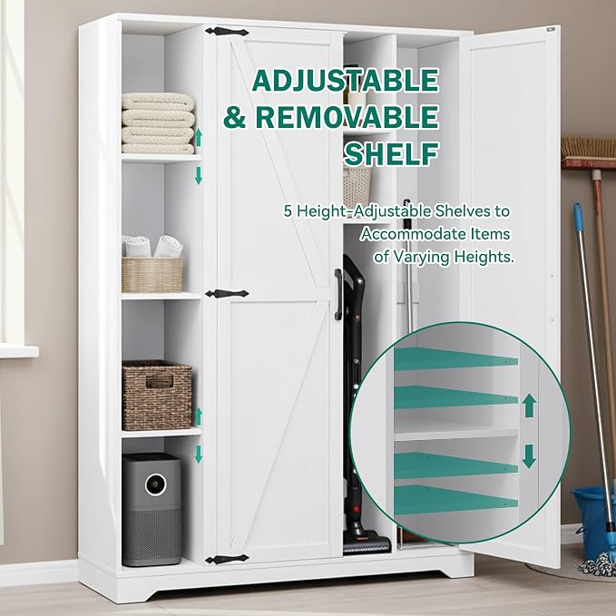 YITAHOME Wooden Garage Broom Cabinets with Adjustable Shelves, Multifunctional Organizer for Ironing Boards and Vacuum Cleaners, Tool Storage Cabinet for Gym, Basement, Warehouse, Oak White | Adjustable Shelves, Fits Ironing Board & Vacuum, Multifuncti...