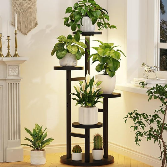 ASZOLA 4 Tiered Wood Plant Stand Indoor Corner with Grow Lights, Flower Holder Rack Tall for Multiple Plants, Rustic Planter Shelf Display for Patio Garden Balcony Living Room, Black