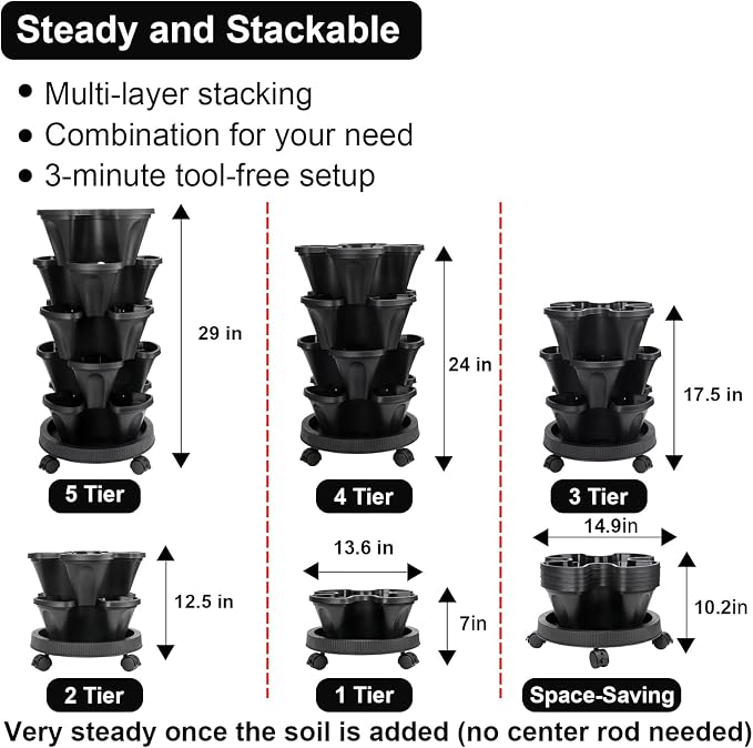 GameXcel Vertical Planter Tower - 5 Tier Stackable Garden Planters with Wheels and Tools Plant Pots for Strawberry Herb Flower and Vegetable Indoor Outdoor Use Black