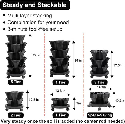 GameXcel Vertical Planter Tower - 5 Tier Stackable Garden Planters with Wheels and Tools Plant Pots for Strawberry Herb Flower and Vegetable Indoor Outdoor Use Black