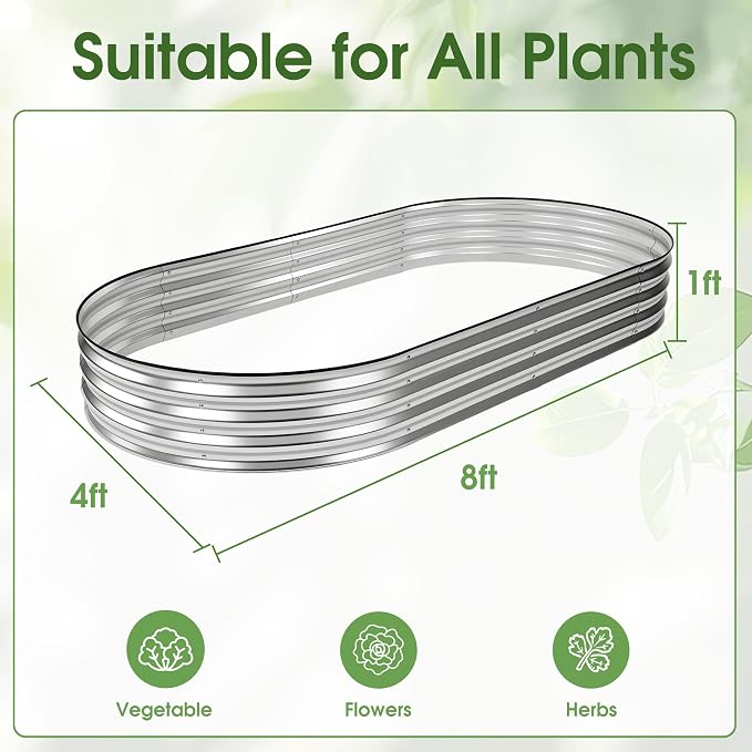 NEWBULIG Galvanized Raised Garden Bed Outdoor, 8x4x1ft Metal Planter Box for Vegetables Flowers Herbs, Heavy-Duty Oval Raised Flower Bed for Gardening, Open Bottom, Easy Assembly, Safe Edges