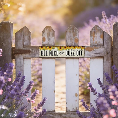 Honey Garden Metal Tin Sign, Funny Vintage Farmhouse Decor, Bee Nice or Buzz Off Sign, for Yard Fence Door Porch, Indoor Outdoor Garden Decoration, Ideal for Bee Lovers, 15.7 x 3.9 Inches