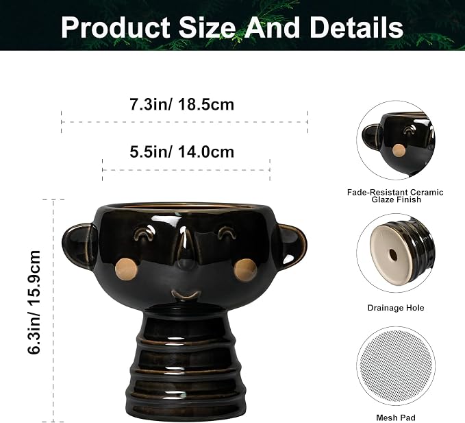 Face Planter - 7 Inch Ceramic Head Planters for Indoor Plants Outdoor, Cute Succulent Pots with Drainage Hole, Decorative Plant Pot, Home Office Room Decor, Black