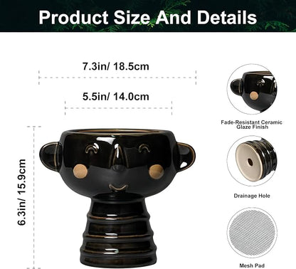 Face Planter - 7 Inch Ceramic Head Planters for Indoor Plants Outdoor, Cute Succulent Pots with Drainage Hole, Decorative Plant Pot, Home Office Room Decor, Black