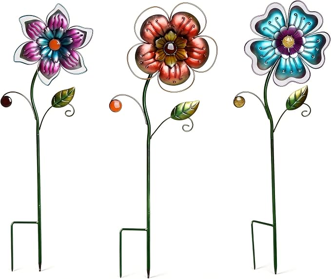 Garden Stake Outdoor Plant Pick Cute Metal Flower Stick Art Ornament Decor Lawn Yard Patio,3 Set
