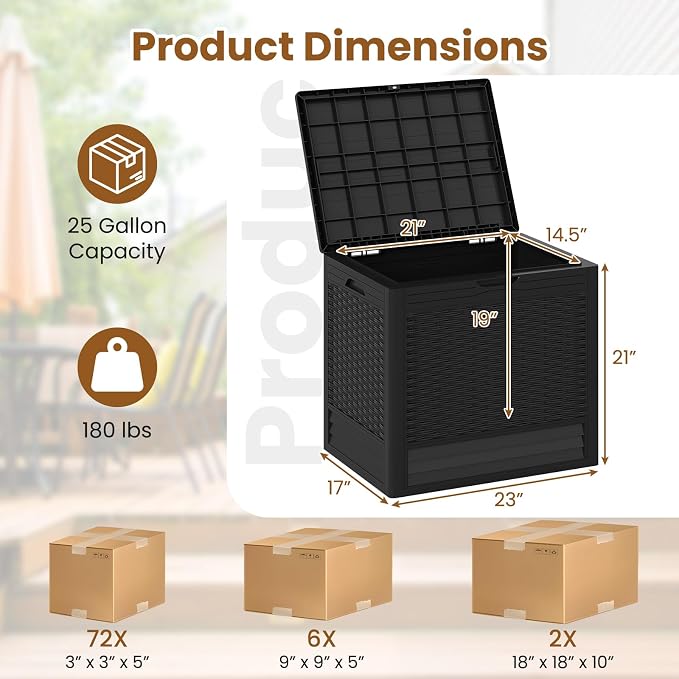 Tangkula 25 Gallon Outdoor Storage Box, Waterproof PP Resin Patio Storage Box with with Lockable Lid for Indoor & Outdoor Use, 2-in-1 Rattan Design Deck Box for Patio Cushions, Garden Tools