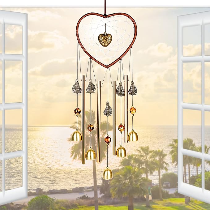 Unique Sweet Heart Dream Catcher Wind Chimes Brass Bell for Outdoor Garden Home Hanging Decoration…