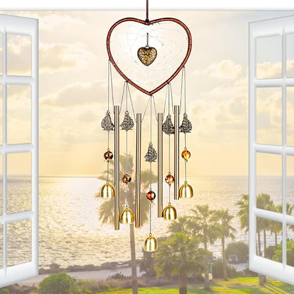 Unique Sweet Heart Dream Catcher Wind Chimes Brass Bell for Outdoor Garden Home Hanging Decoration…