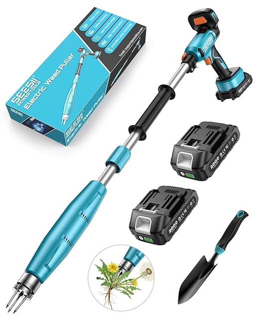SEESII Electric Stand-Up Weed Puller Tool with 40"-47" Adjustable Handle, High-Power 3-Claw Stainless Steel Spiral, 4S Deep Root Removal, One-Button Eject, Dandelion Remover & Crabgrass Puller