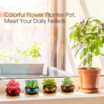 48 Pcs Ceramic Succulent Pots 2.5 Inch Small Plant Pots Indoor with Drainage and Bamboo Saucers Colorful Succulent Flower Planters for Garden Plants Home Decor