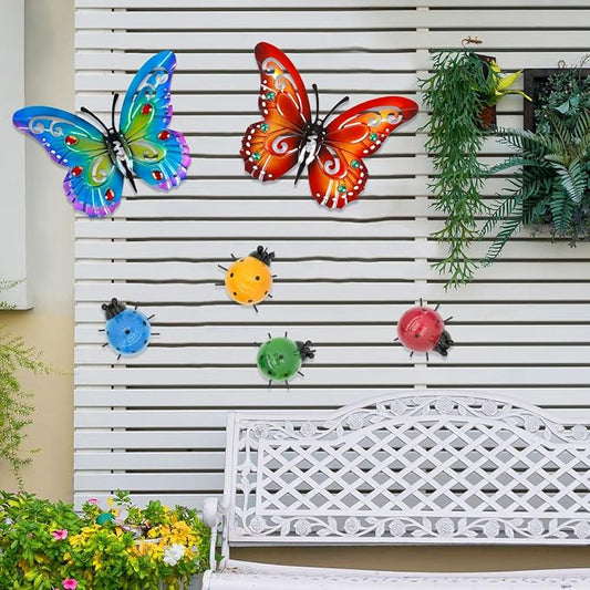 2 Pack Butterfly Decorations, 14.5" Large Metal Butterflies Fence Garden Yard Art Wall Decor for Outdoor Patio Balcony Tree Front Porch, Vibrant Colors Blue Red