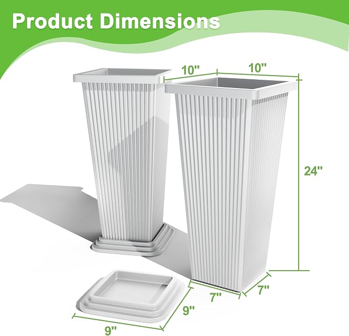 FENCY Set of 2 Tall Planters for Outdoor Plants, White Ribbed | 24 Inch, with Drainage Hole & Trays, Plastic Tapered Pots, Weather-Resistant, Front Door Decor