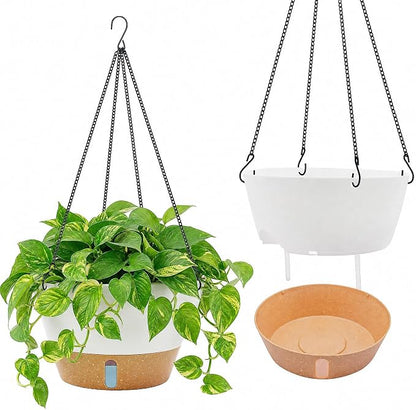 ZMTECH 2 Pack 12 Inch Hanging Planters for Indoor Plants, Large White Self Watering Hanging Planter with Visible Water Level Window & Removable Tray, Modern Flower Pots for Outdoor Patio