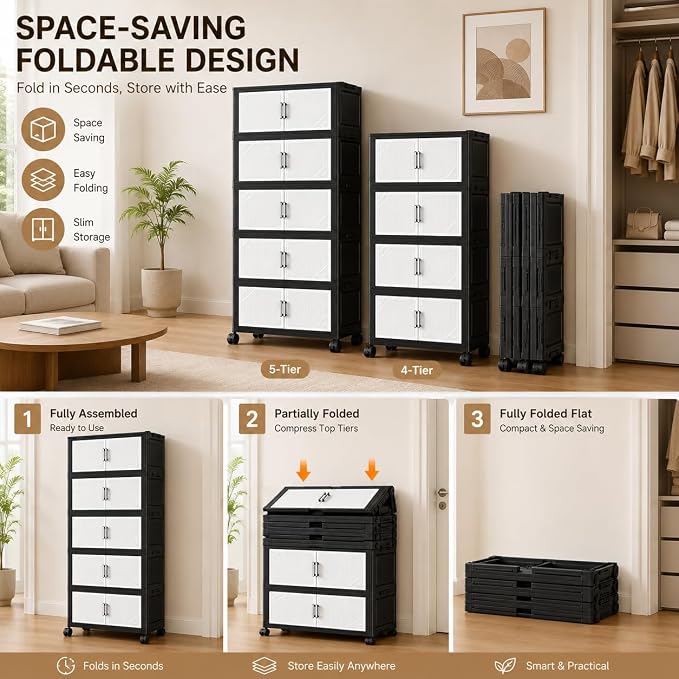 4 Tier Foldable Storage Cabinet with Wheels and Magnetic Doors, Premium PP Material Large Storage Organizer, Space-Saving Utility Storage for Home, Apartments, Dorm, Office, Rv