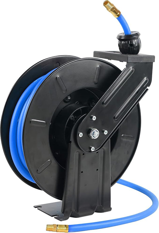 Eisen Retractable Air Hose Reel With 3/8 Inch x 50 Ft,Heavy Duty Steel Hose Reel Auto Rewind Pneumatic, Industrial Grade Rubber Hose, 300 PSI