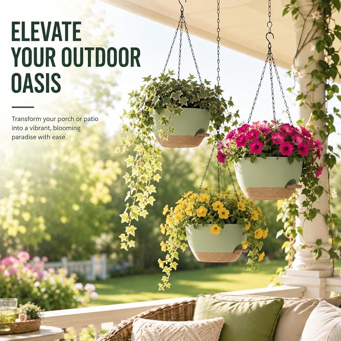 12 Inch Self Watering Hanging Planters 2 Pack, Green Brown | Plastic planters with drainage holes and saucers. Suitable for indoor, outdoor, kitchen, balcony and garden plant decor.