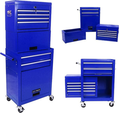 6-Drawer Tool Chest, Detachable Top Box for Garage, Blue | Rolling Mobile Storage Cabinet Organizer with Lockable Wheels for Workshop Utility, Heavy Duty Metal Construction