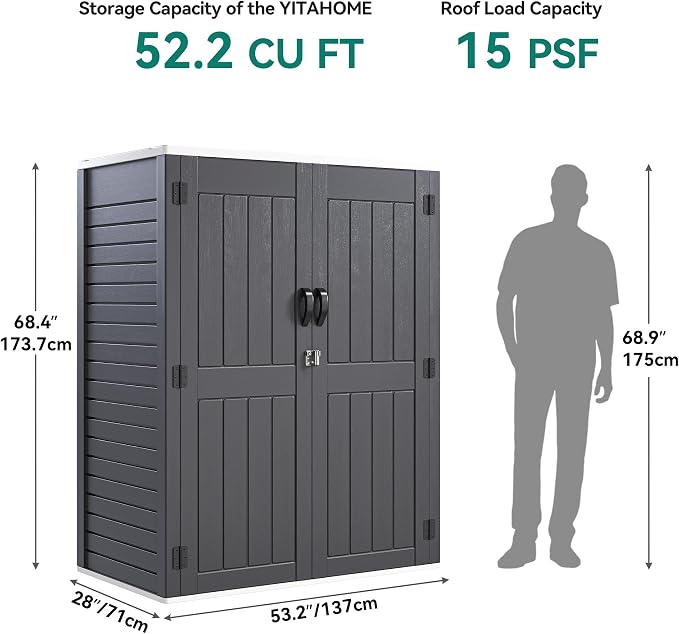 YITAHOME 59 cuft Vertical Outdoor Storage Shed w/o Shelf, 5.6 x 2.3 ft Lockable Resin Waterproof Tall Storage Cabinet, Suitable for Patio Furniture, Pool Accessories, and Garden Tools, Dark Gray