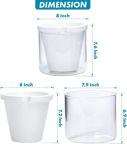 D'vine Dev 8 Inch Design Self Watering Planter for Indoor Plants, White Terracotta Pots with Cylinder Glass Cup, 37-X-C-2