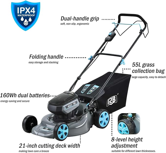 RB 80V 18" Cordless Lawn Mower with 2x40V 4Ah Battery & Fast Charger | 7 cutting heights. Brushless motor & low noise. 4-in-1 function (Mulching, rear discharge, side discharge, and bagging)