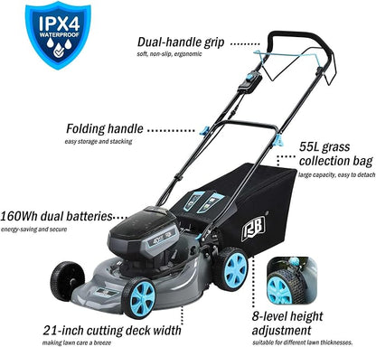 RB 80V 18" Cordless Lawn Mower with 2x40V 4Ah Battery & Fast Charger | 7 cutting heights. Brushless motor & low noise. 4-in-1 function (Mulching, rear discharge, side discharge, and bagging)