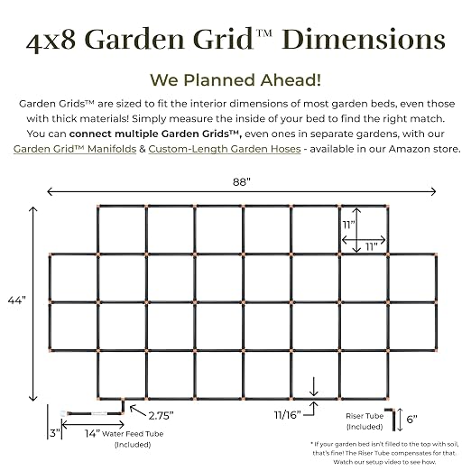 Garden Grid Watering System, 4x8 Cornerless | Garden Irrigation System for Garden Beds | Pre-Assembled, Waters Every Plant, USA-Made | Ideal for Beds w/Corner Posts or Curved Ends | 44"x88"