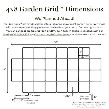 Garden Grid Watering System, 4x8 Cornerless | Garden Irrigation System for Garden Beds | Pre-Assembled, Waters Every Plant, USA-Made | Ideal for Beds w/Corner Posts or Curved Ends | 44"x88"