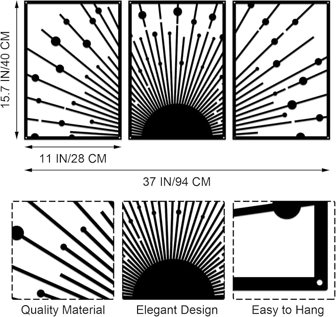 ruelen Black Metal Sun Wall Decor, Set of 3 Minimalist Sunshine Line Art Sculpture, Large Outdoor Metal Wall Art, Nautical Black Celestial Outdoor Decorative Wall Panel for Outside & Modern Home Wall Decor(15.7x11'' Per Piece)