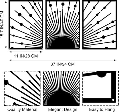 ruelen Black Metal Sun Wall Decor, Set of 3 Minimalist Sunshine Line Art Sculpture, Large Outdoor Metal Wall Art, Nautical Black Celestial Outdoor Decorative Wall Panel for Outside & Modern Home Wall Decor(15.7x11'' Per Piece)