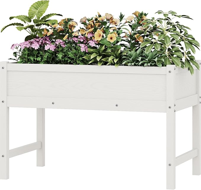 Weatherproof Raised Garden Bed, HDPE Outdoor Elevated Planter Box with Legs, Garden Box, Flower Beds for Patio, Deck, Balcony (White)