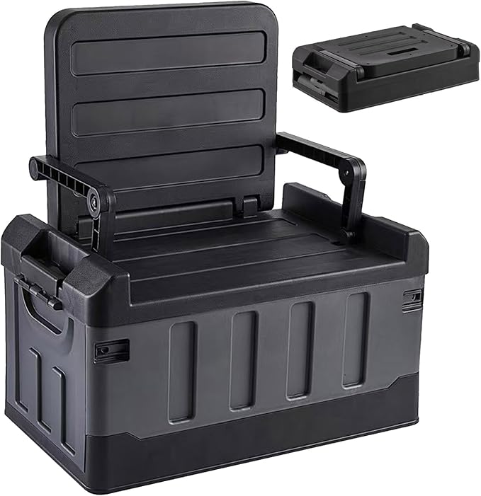 Versatile Foldable Seatable Camping Box Car Organizer Heavy Duty Storage Bins With Lids Box Trunk Chuck, Durable Plastic, 60L Can Store Camping Equipment in Large Capacit(black grey)