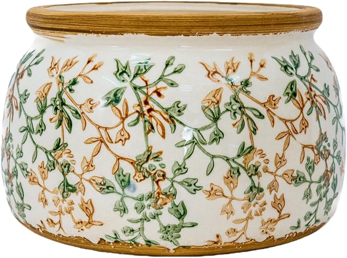 Vintage Ceramic Flower Pot - Indoor Outdoor Planters with Drainage Holes & Filter Screen, 9’’ Large Rustic Farmhouse Decorative Plant Pots for Garden/Patio/Balcony (Bicolor Vines, Large)