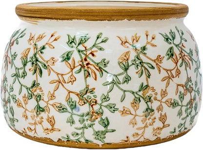 Vintage Ceramic Flower Pot - Indoor Outdoor Planters with Drainage Holes & Filter Screen, 9’’ Large Rustic Farmhouse Decorative Plant Pots for Garden/Patio/Balcony (Bicolor Vines, Large)