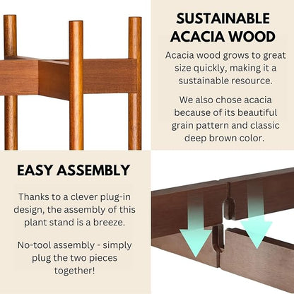 Fox & Fern Mid Century Tall Plant Stand — 10 Inch Fixed Size Raised Wooden Plant Stand for Indoor Planters (Not Included); Modern Flower Pot Holder with Plug In Design; Easy to Assemble - Acacia