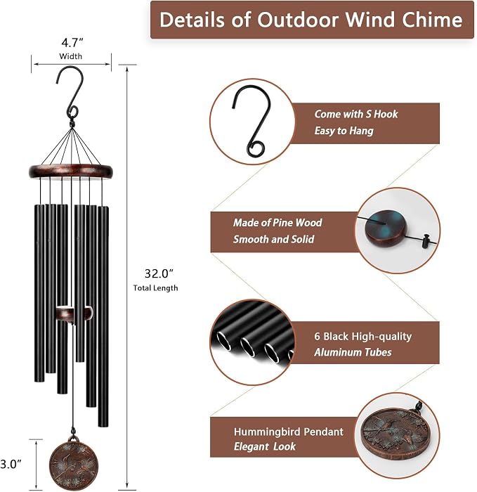 Wind Chimes for Outside, 32" Hummingbird Outdoor Wind Chime, Deep Tone Windchime for Patio Porch Decoration, Best Gift for Mom Women Grandma Neighbors