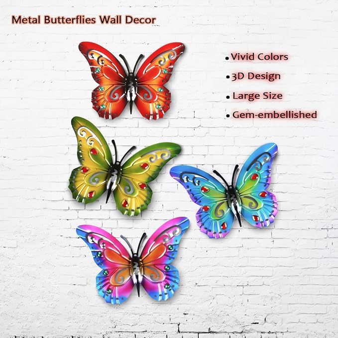 2 Pack Butterfly Decorations, 14.5" Large Metal Butterflies Fence Garden Yard Art Wall Decor for Outdoor Patio Balcony Tree Front Porch, Vibrant Colors Blue Red