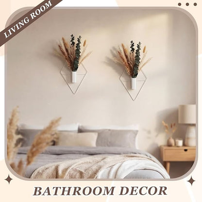 Jexine 8 Pcs Hanging Planters with Artificial Pampas Metal Hanging Vase Indoor Plants Holder Modern Geometric Boho Bathroom Wall Decor for Living Room Home Office(White)