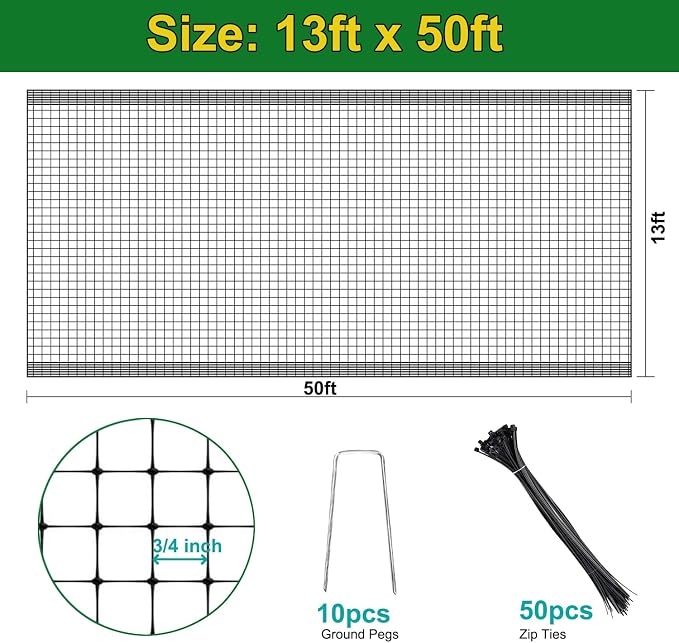 KLEWEE Bird Netting, 13 x 50 FT Heavy Duty Garden Netting for Protect Fruit Trees, Plants and Vegetables from Birds, Deer, Squirrels and Other Animals