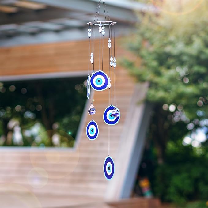 YU FENG 19 Inch Blue Evil Eye Wind Chimes for Outside Garden | Metal Hanging Windchime, Glass Bead Design, Rainbow Light Catcher, Outdoor Yard Patio Home Decoration