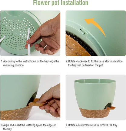 WSMKSZ 10/9/8 inch Self Watering Pots, Planter, Plant Pots with Mesh Drainage Holes for Indoor Outdoor Garden Plants, Plastic Flower Pots with Deep Reservoir for House Plants, Green with Brown