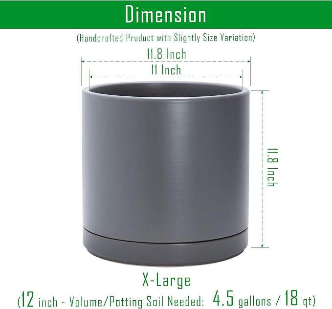 D'vine Dev 12 Inch Ceramic Planter Pot with Drainage Hole and Saucer, Indoor Cylinder Round Planter Pot, Speckled Grey, 94-O-F-3