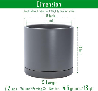 D'vine Dev 12 Inch Ceramic Planter Pot with Drainage Hole and Saucer, Indoor Cylinder Round Planter Pot, Speckled Grey, 94-O-F-3