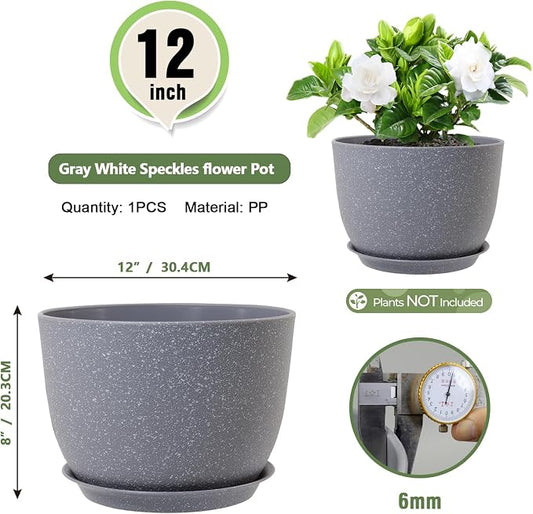 Meowell Plant Pots 12 inch, Plastic Planters with Drainage Holes and Saucers, Large Flower Pots for Indoor Outdoor Plants, Modern Decorative Pots for Garden House Plants, Speckled Grey