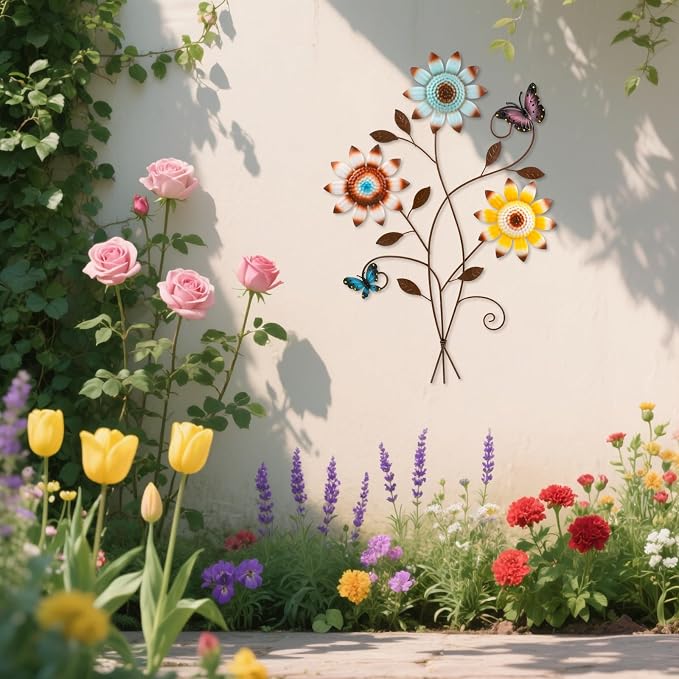 Detene Metal Sunflower Wall Decor with Butterfly 3D Colorful Outdoor Wall Art Fence Decorations for Patio Metal Flowers Wall Hanging Ornament for Garden Porch Living Room Balcony Farmhouse（Restocking soon）
