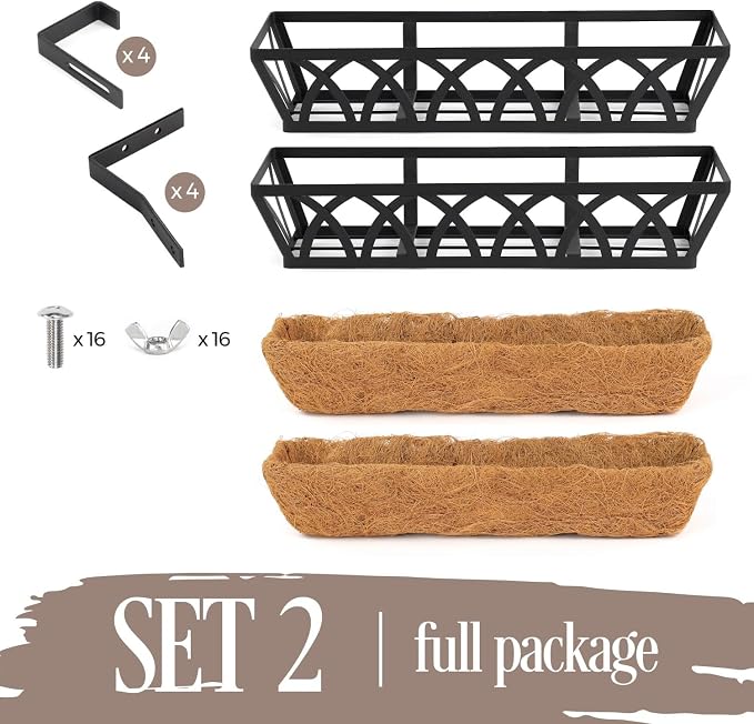 2 Pack 24IN Window Box Railing with Adjustable Brackets, Hanging Flower Planter Basket with Coco Liner for Outdoor Balcony Porch Fence Patio (Black)
