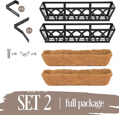 2 Pack 24IN Window Box Railing with Adjustable Brackets, Hanging Flower Planter Basket with Coco Liner for Outdoor Balcony Porch Fence Patio (Black)