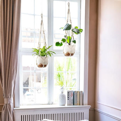 Mkono 7.5 Inch Hanging Planters, Macrame Plant Hangers with Self Watering Plant Pots Indoor Set of 2 Hanging Baskets Flower Pot Holders with Hooks No Tassels for Boho Home Decor, Ivory