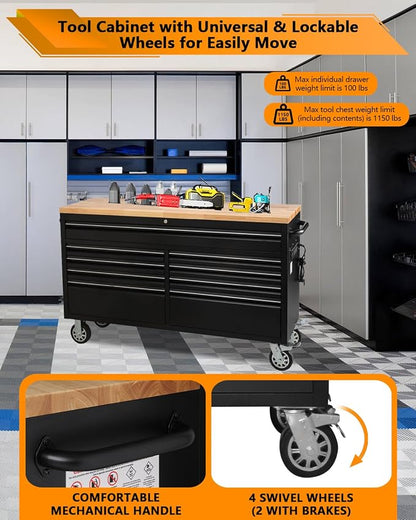 61-Inch Heavy-Duty Rolling Tool Chest & Mobile Workbench with 9 Drawers, Rubber Wood Top, Locking System, Wheels for Garage, Workshop, Warehouse Storage, Tool Cabinet