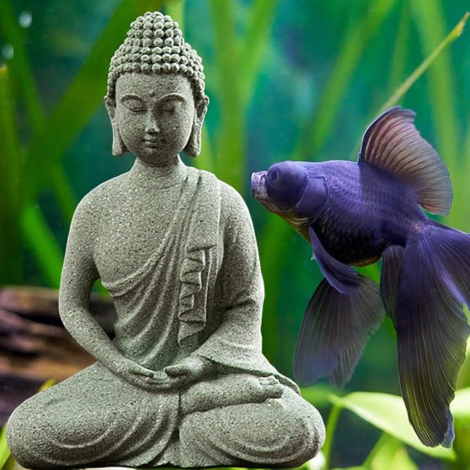 livelyfish Fish Tank Buddha Statue Japanese Aquarium Decorations Meditation Sandstone Buddha Statue Ornaments Betta Pet Fish Tank Asian Decorations,C